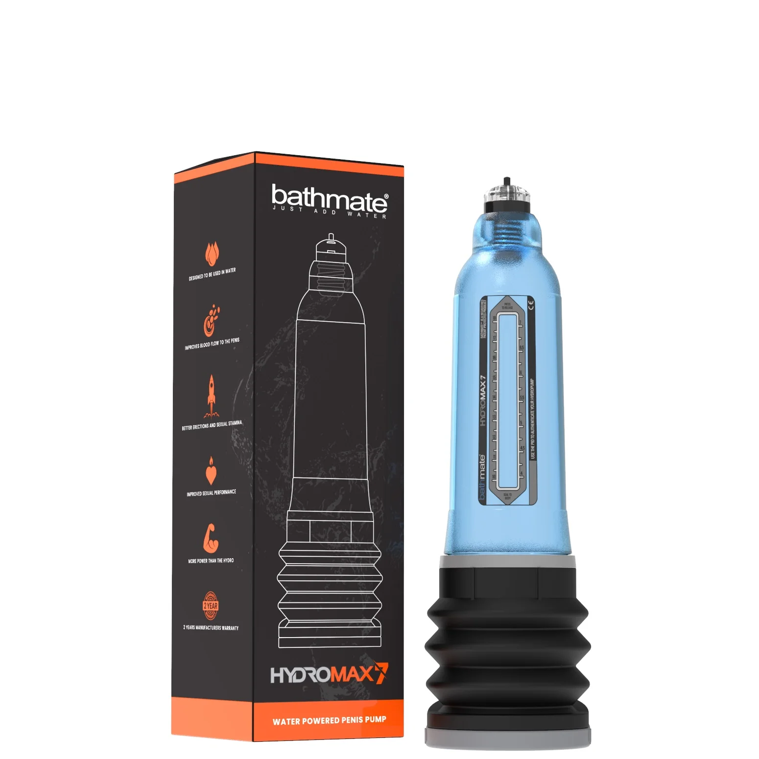 Alargador-de-pene-Hydromax7-Celeste-Caja Alargador de pene Bathmate Hydromax 7 celeste con caja