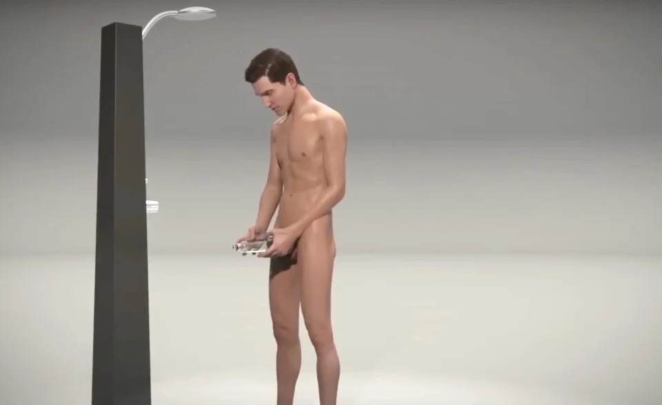 Hombre en la ducha practicando la rutina diaria con su hidrobomba Bathmate